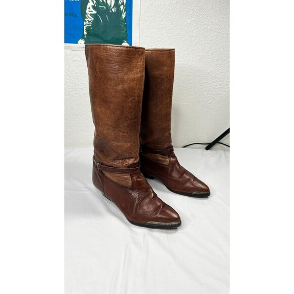 Vintage Zodiac Leather Boots Western Boho Mid-Calf Toe Taps Straps Brown 8.5 - Picture 2 of 12